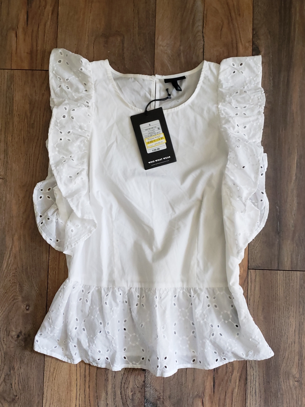 Who What Wear White Eyelet Ruffle Sleeve Peplum Top